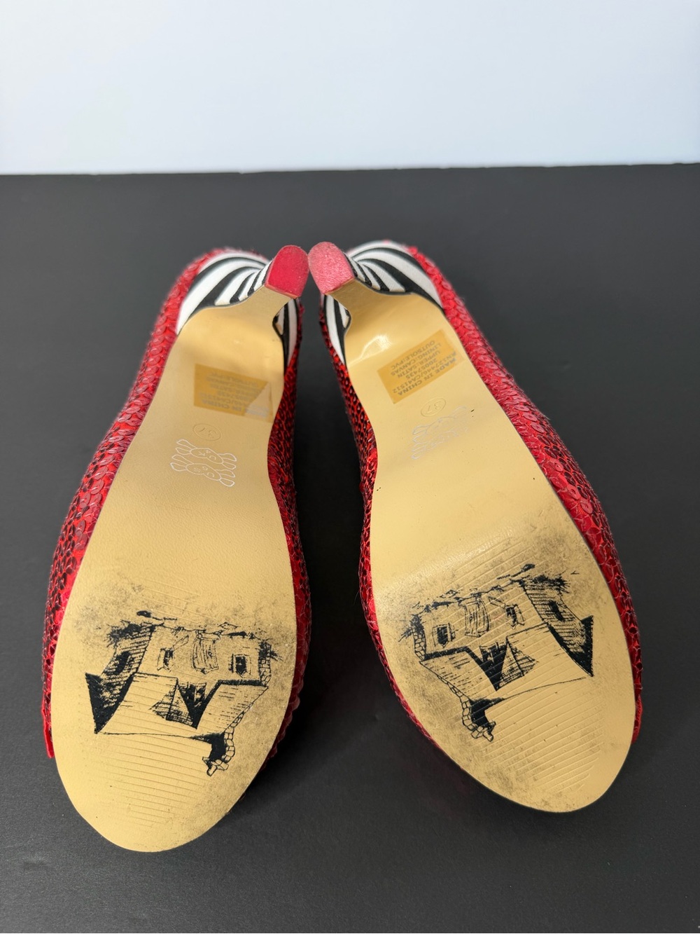 Iron Fist Red Sequin Peep-Toe Heels with Black-and-White Striped Heel - Picture 6 of 6